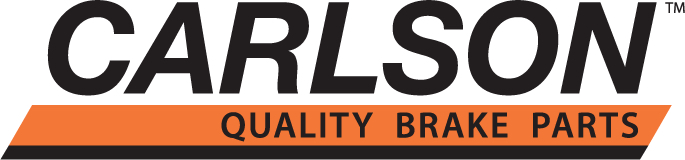 bold black Carlson heading on white background, smaller black  quality brake parts below on orange background on right slanting angle with black underline