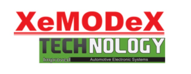 XeMODeX logo - bold red letters on white background with technology subtext in black and white on green background