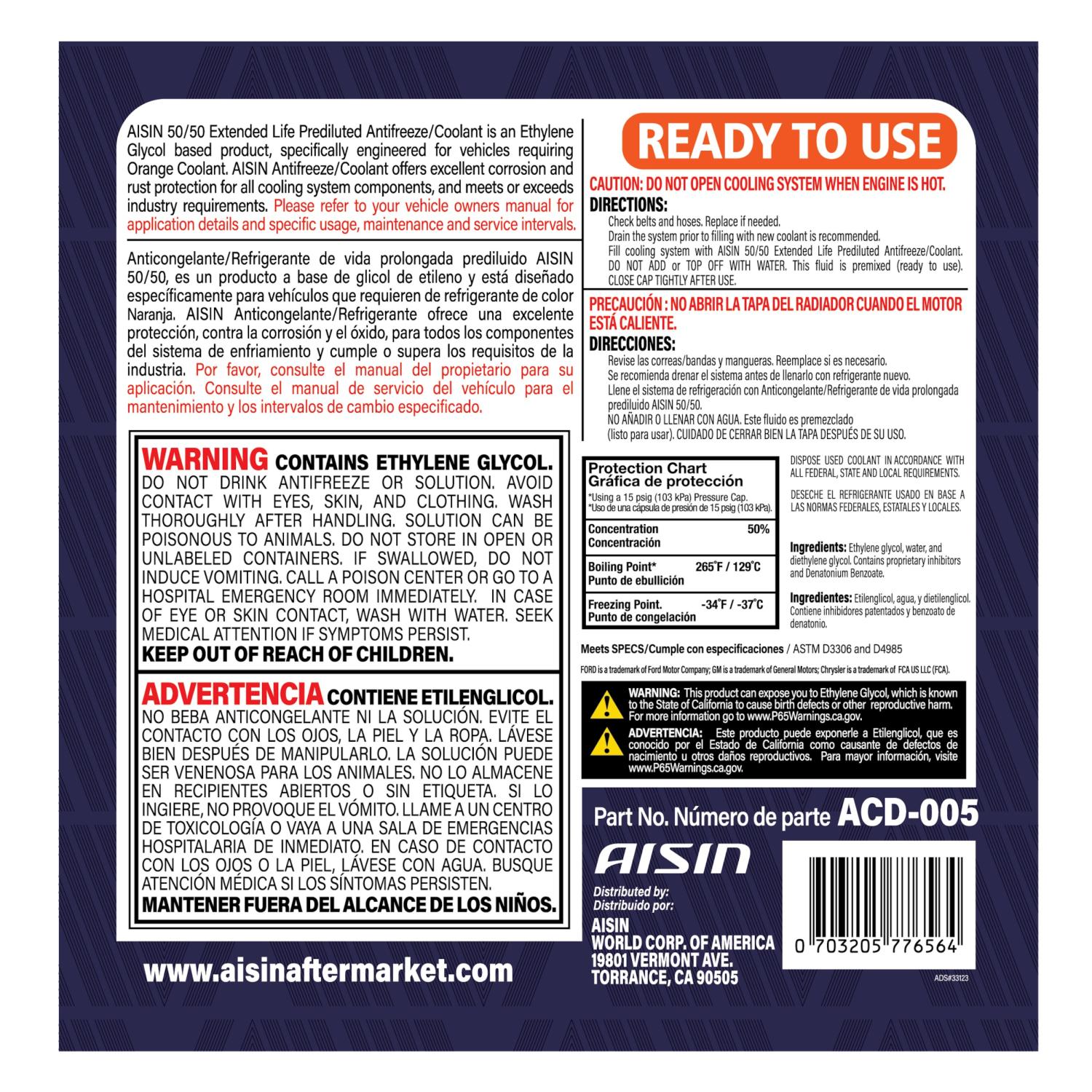 AISIN ACD005 Antifreeze Coolant product image 2 of 2