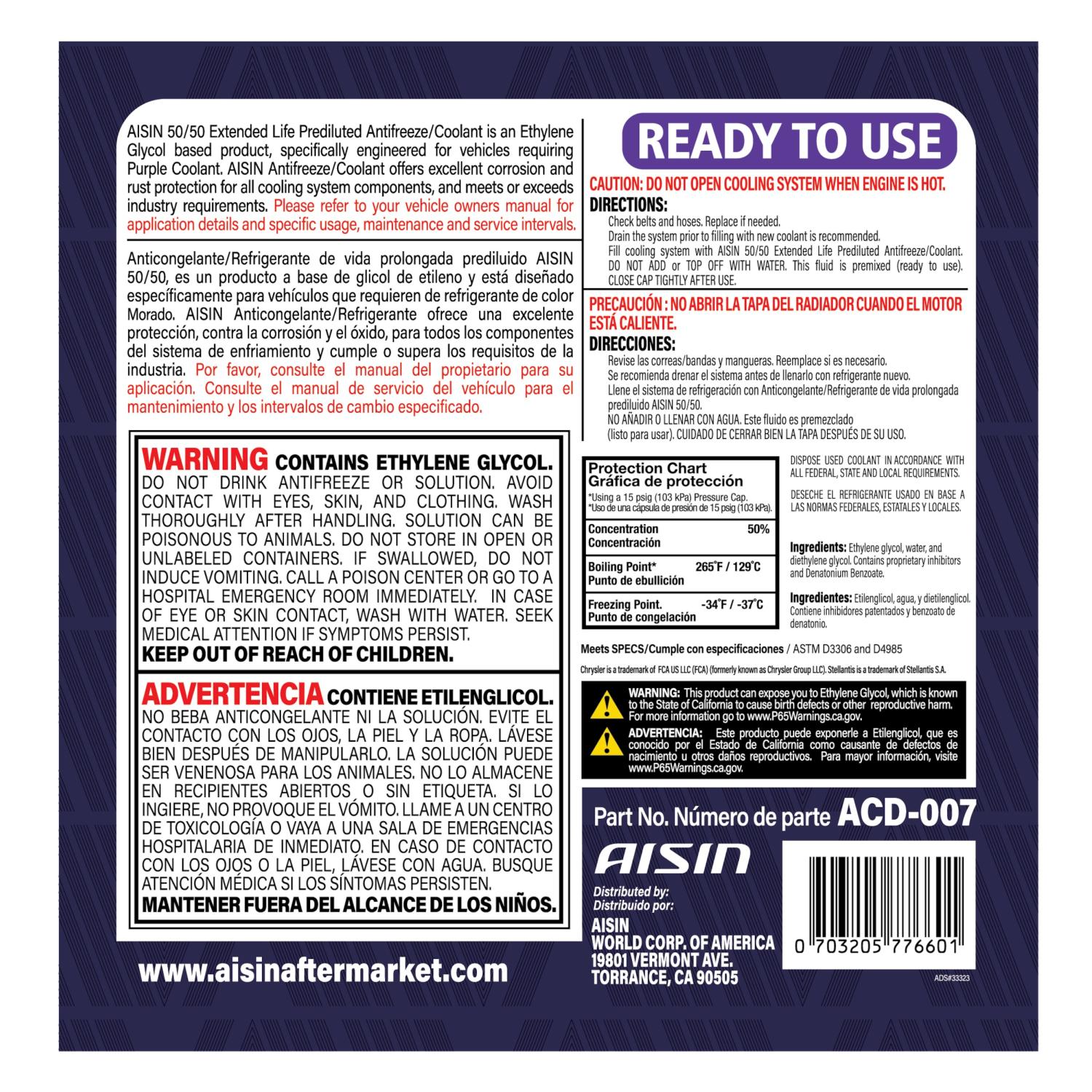 AISIN ACD007 - Engine Coolant / Antifreeze AISIN ACD007 Antifreeze Coolant product image 2 of 2
