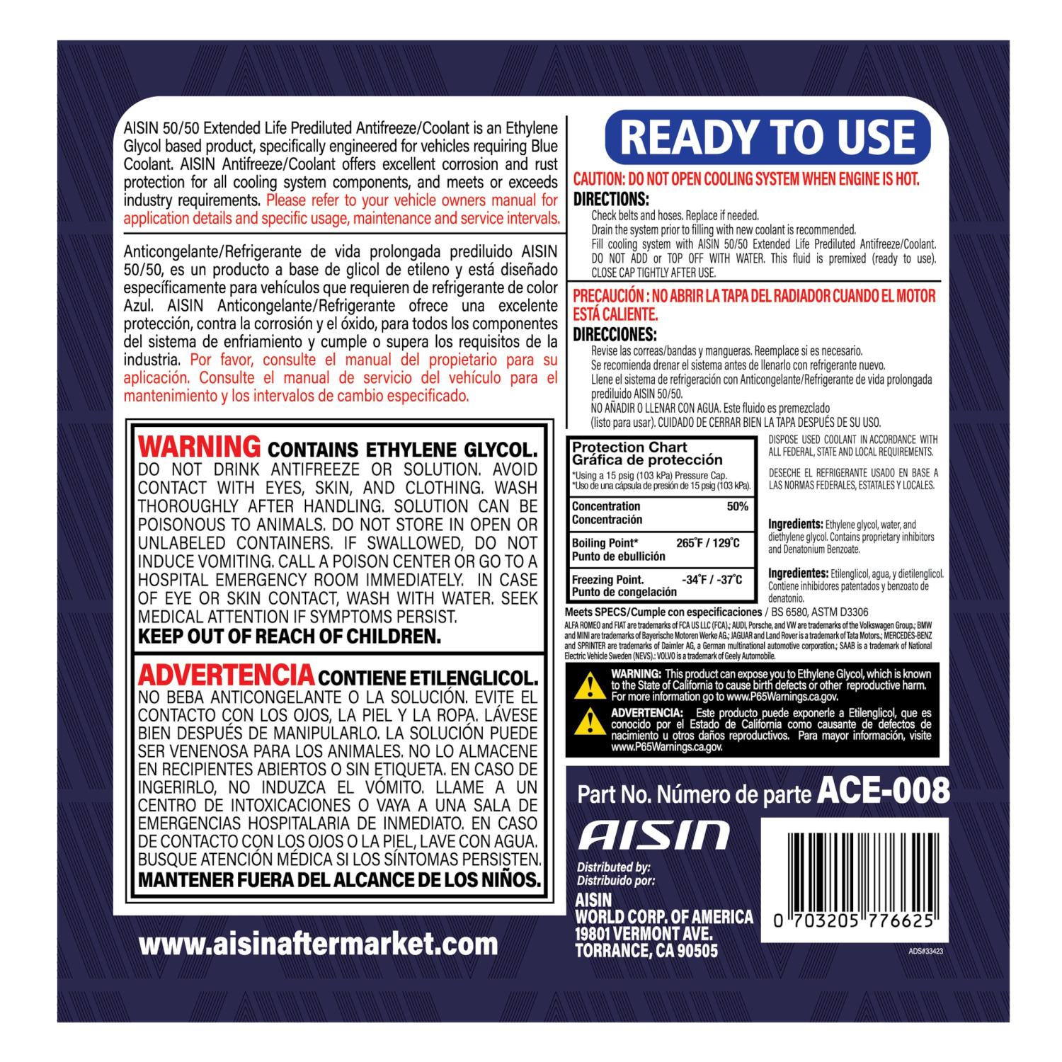 AISIN ACE008 Antifreeze Coolant product image 2 of 2