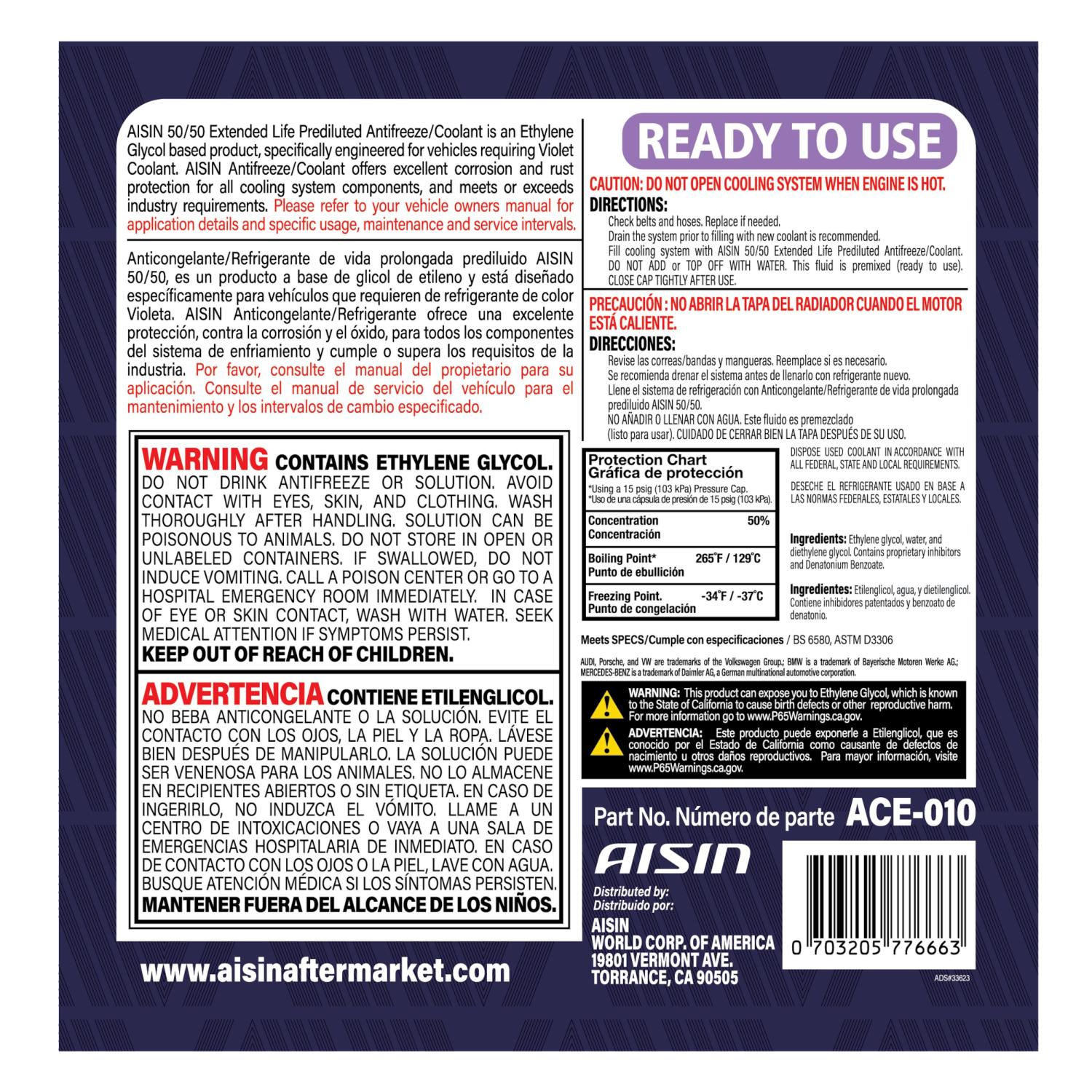 AISIN ACE010 - Engine Coolant / Antifreeze AISIN ACE010 Antifreeze Coolant product image 2 of 2