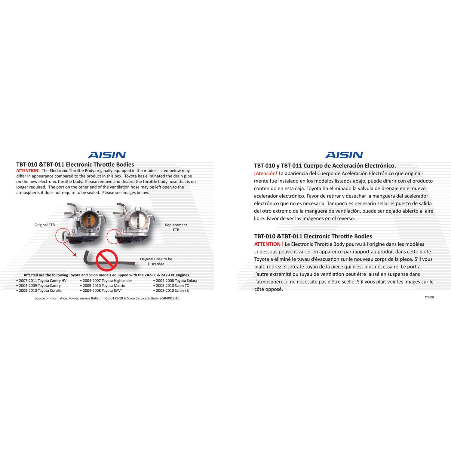 AISIN TBT011 - Fuel Injection Throttle Body AISIN TBT011 Fuel Injection Throttle Body product image 2 of 5
