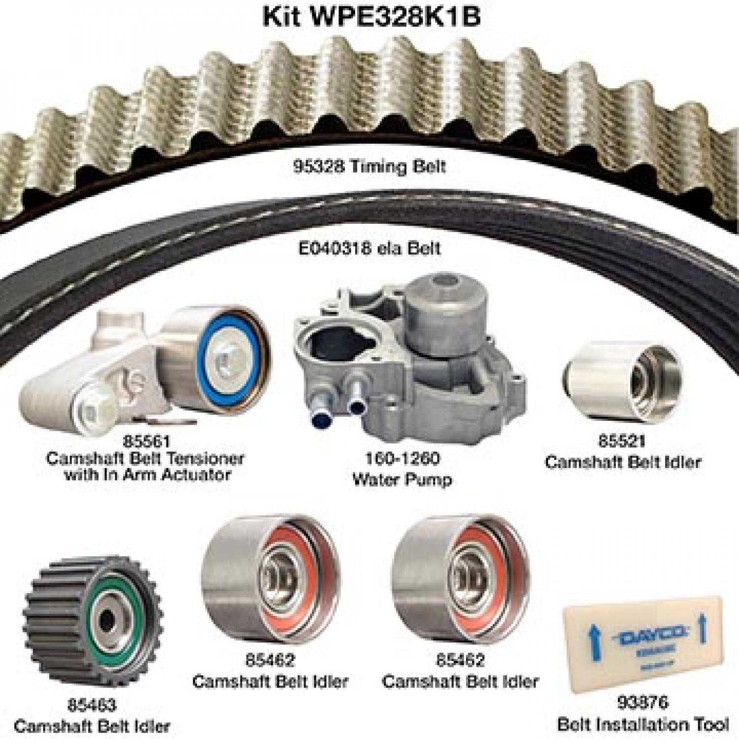 Dayco WPE328K1B - Engine Timing Belt Kit with Water Pump Dayco WPE328K1B Engine Timing Belt Kit with Water Pump product image 1 of 1
