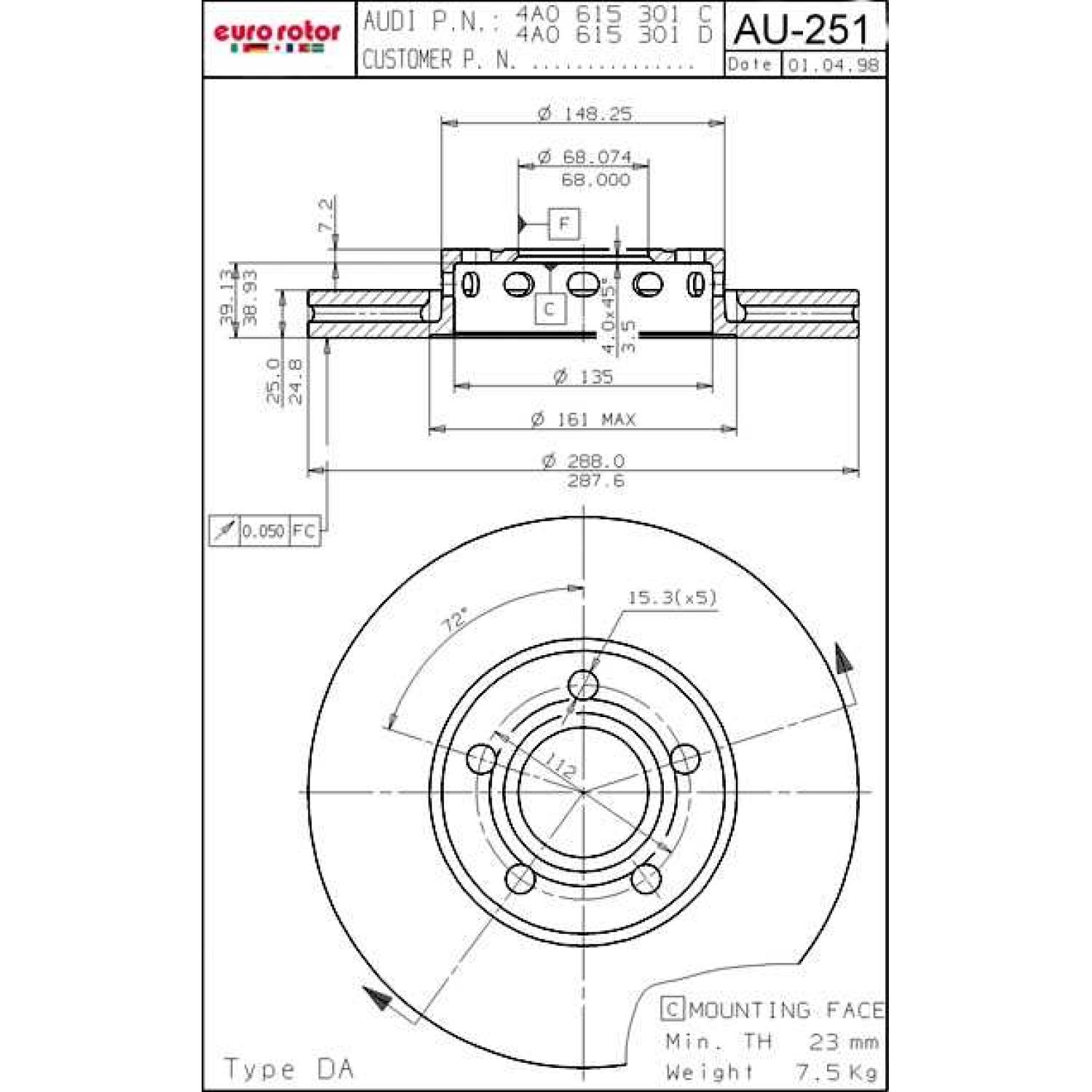 Eurorotor AU251 - Disc Brake Rotor Eurorotor AU251 Disc Brake Rotor product image 1 of 1