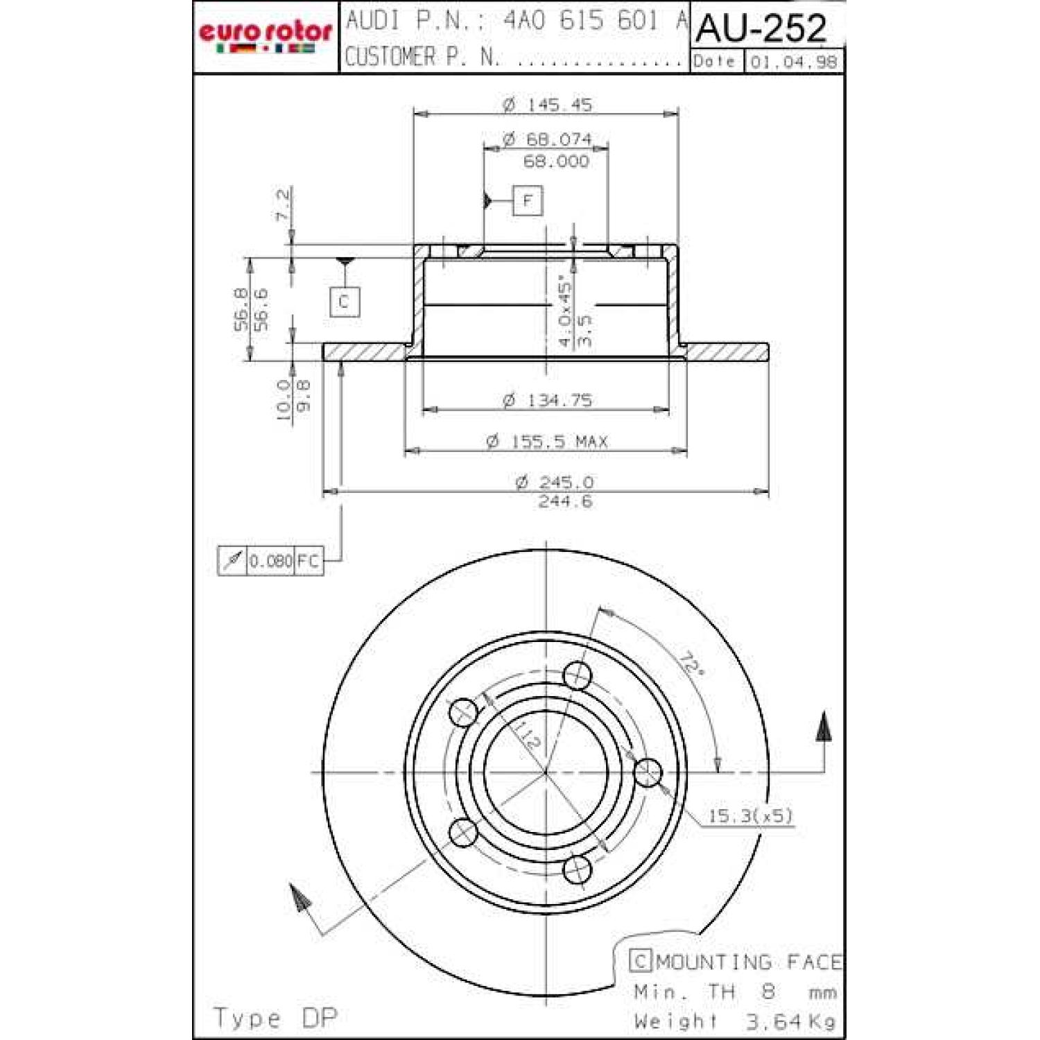 Eurorotor AU252 Disc Brake Rotor product image 1 of 1