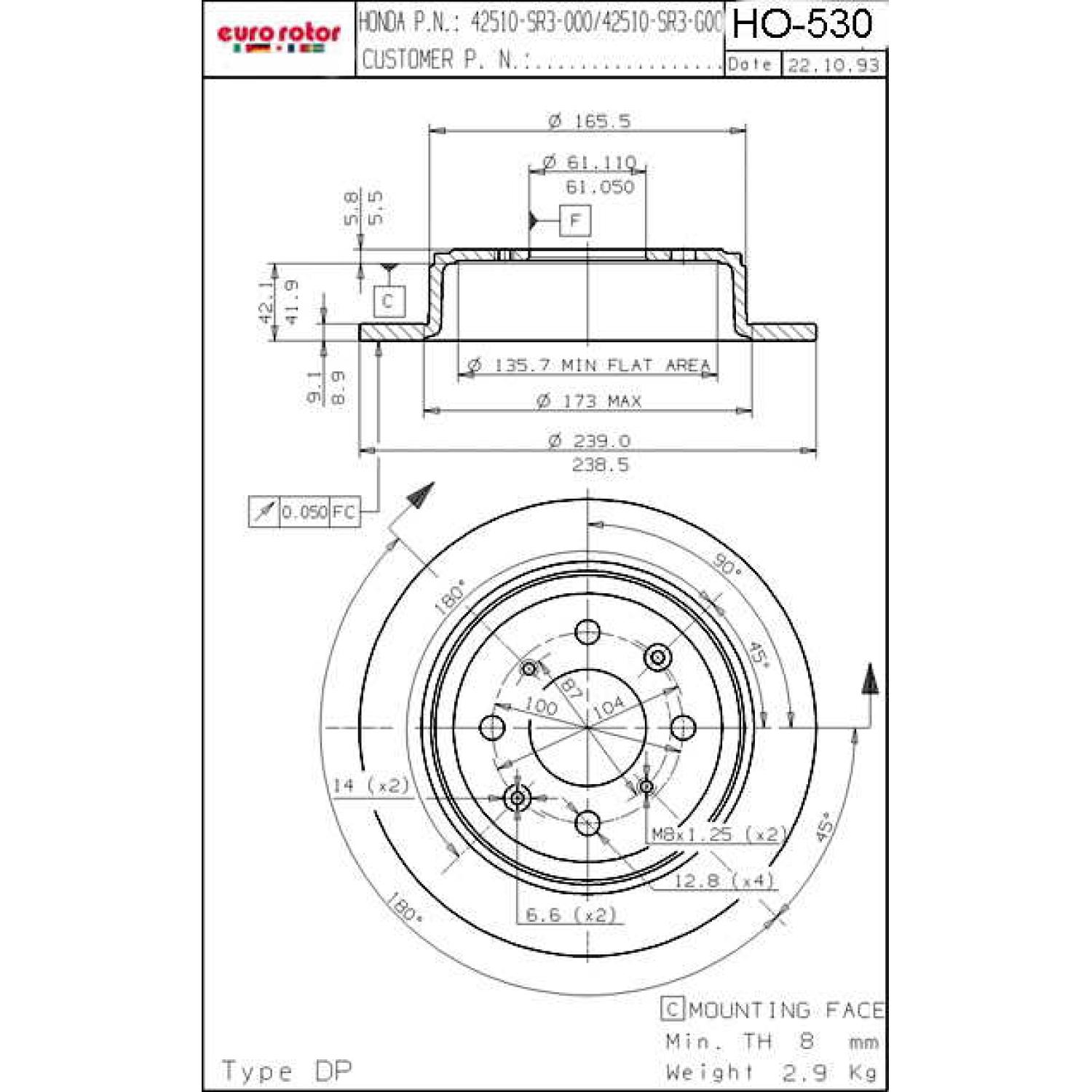 Eurorotor HO530 - Disc Brake Rotor Eurorotor HO530 Disc Brake Rotor product image 1 of 1