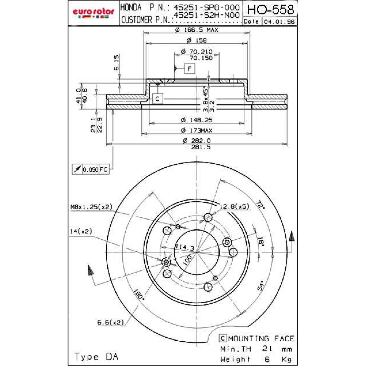 Eurorotor HO558 - Disc Brake Rotor Eurorotor HO558 Disc Brake Rotor product image 1 of 1