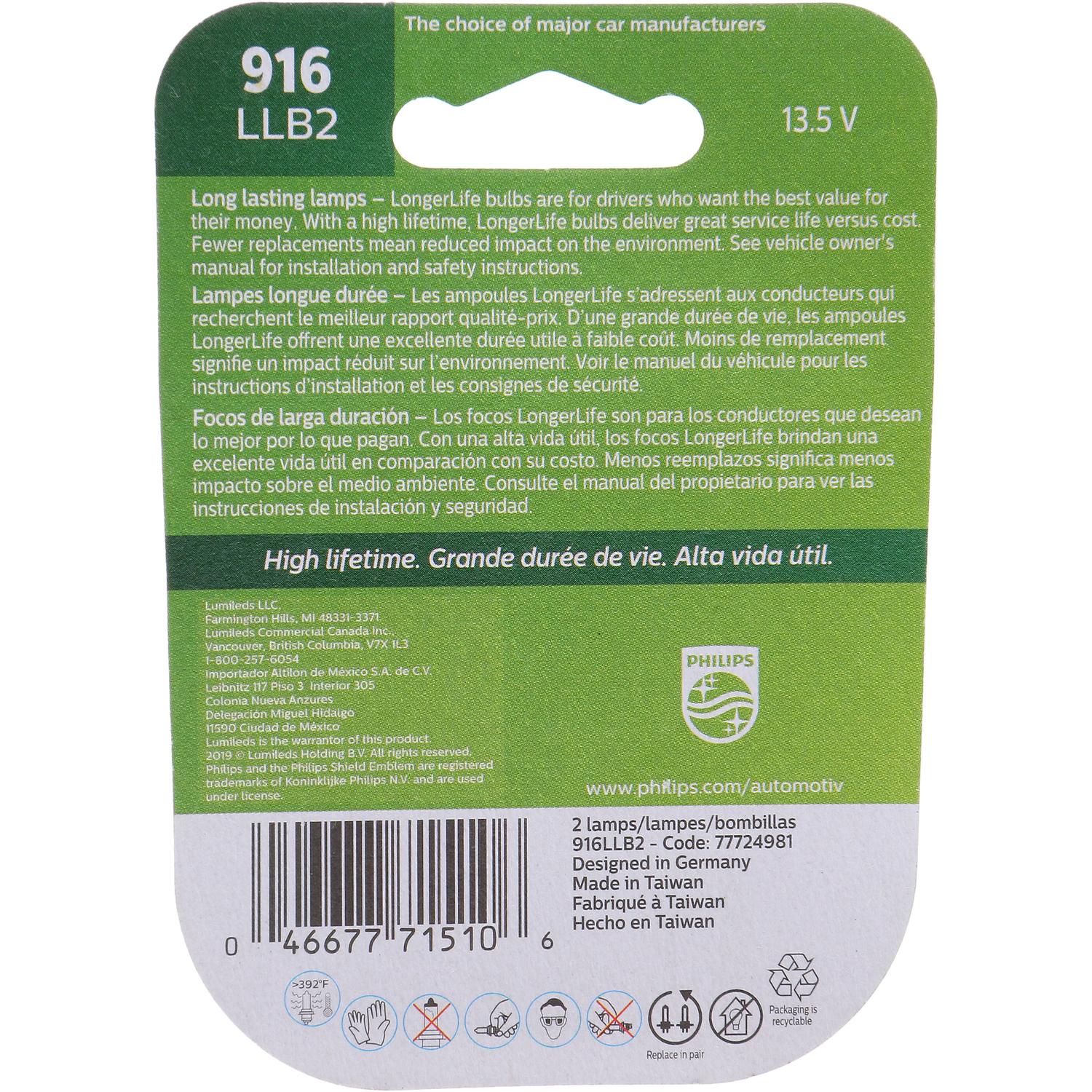 Philips 916LLB2 - Tail Light Bulb Philips 916LLB2 Back Up Light Bulb product image 6 of 10